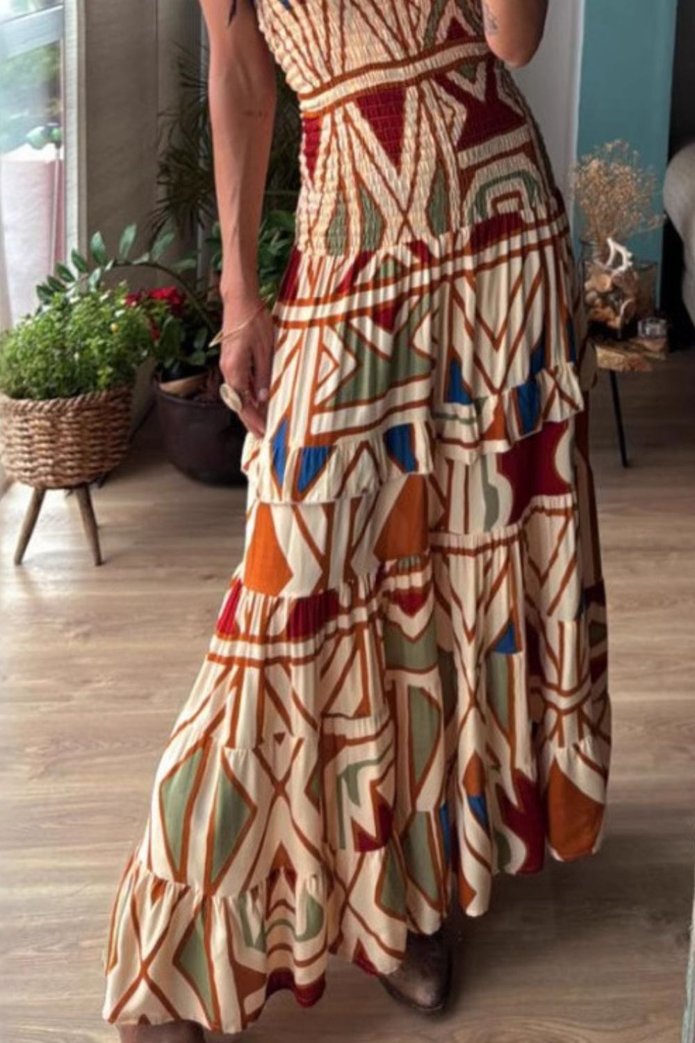 Smocked Geometric Print Tube Flared Maxi Dress Trendsi