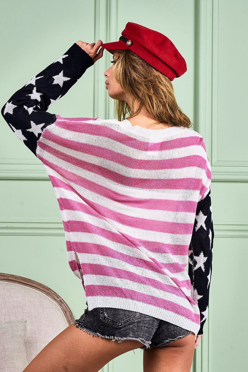 BiBi American Flag Low Gauge Knit Top Sweater Trendsi