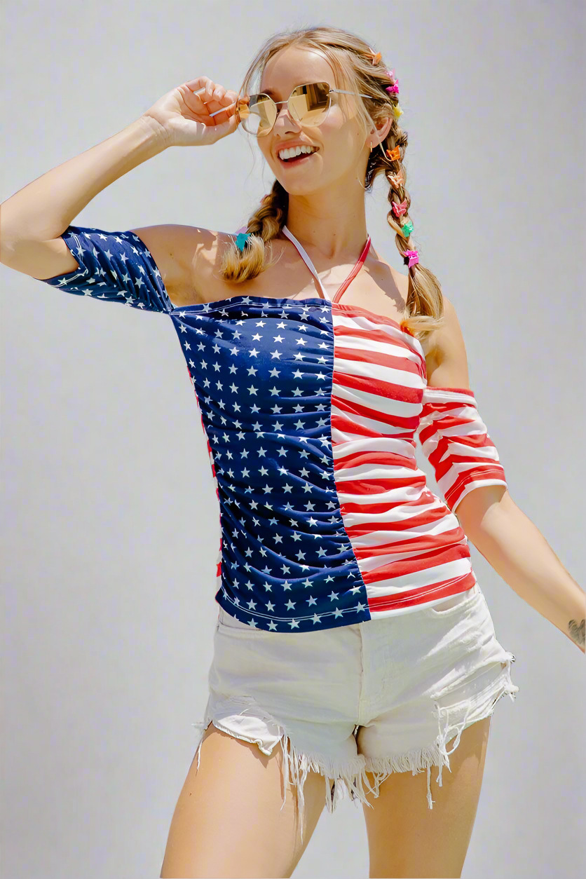 BiBi American Flag Off Shoulder Halter Neck Ruched Top Trendsi