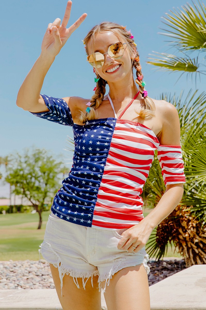 BiBi American Flag Off Shoulder Halter Neck Ruched Top Trendsi