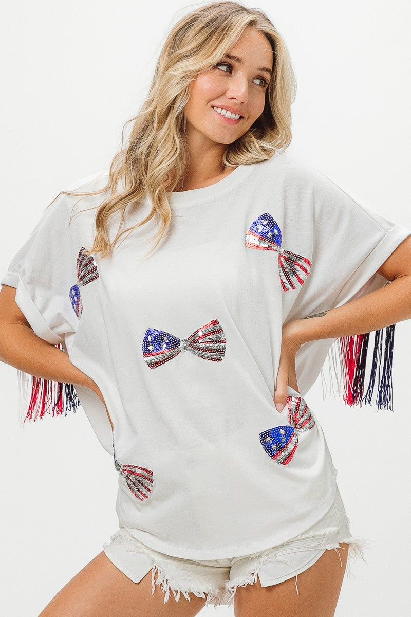 BiBi American Flag Sequin Ribbon T-Shirt Trendsi