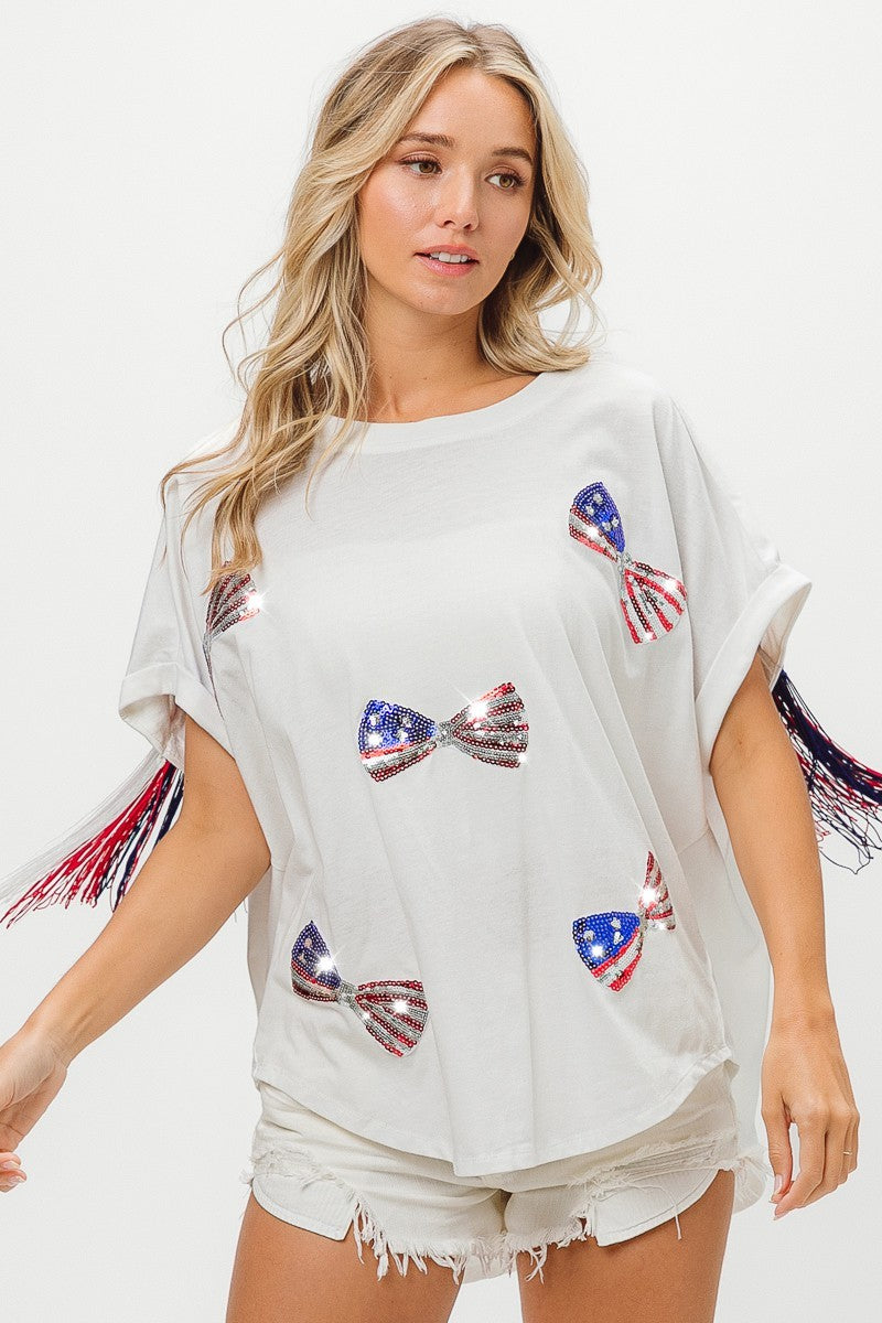 BiBi American Flag Sequin Ribbon T-Shirt Trendsi
