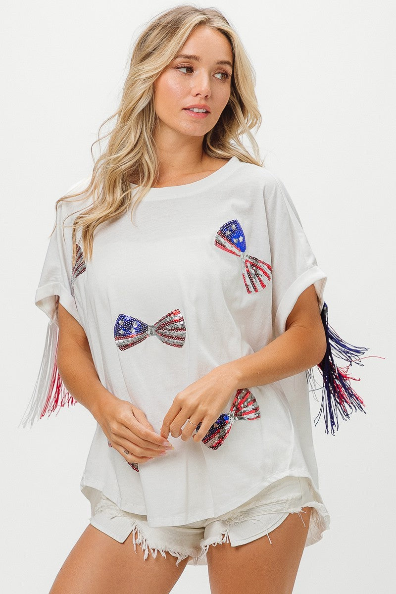 BiBi American Flag Sequin Ribbon T-Shirt Trendsi