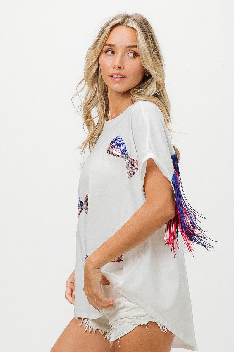 BiBi American Flag Sequin Ribbon T-Shirt Trendsi