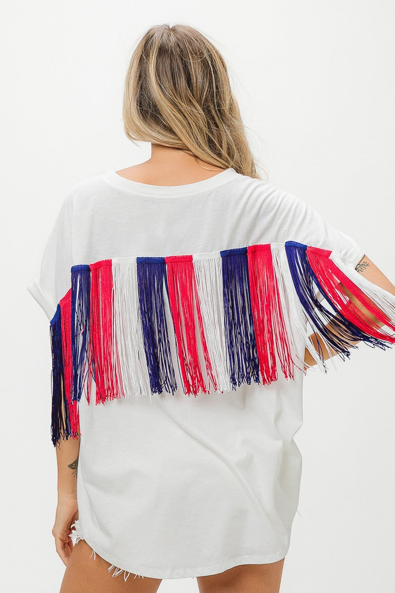 BiBi American Flag Sequin Ribbon T-Shirt Trendsi