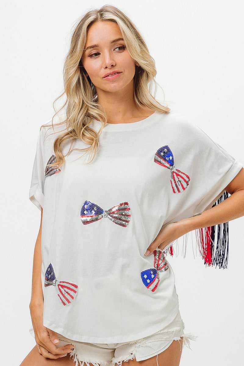 BiBi American Flag Sequin Ribbon T-Shirt Trendsi