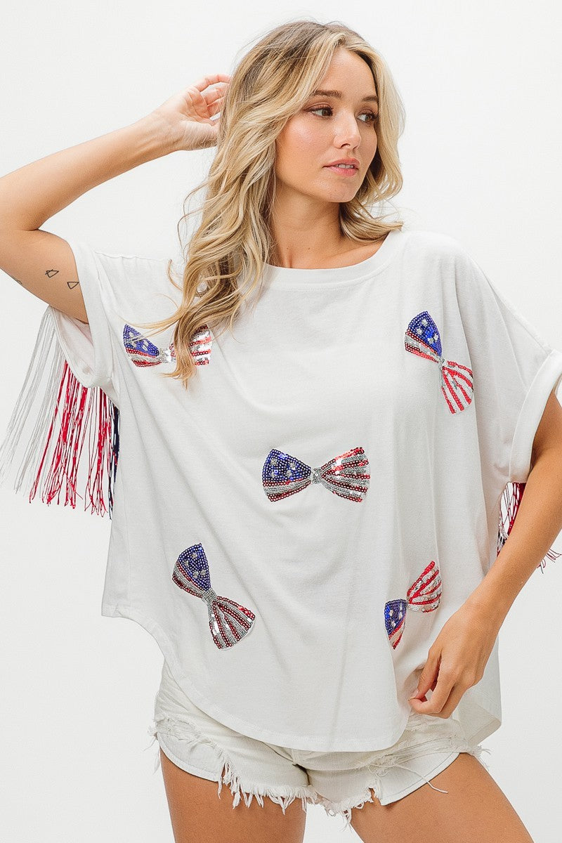 BiBi American Flag Sequin Ribbon T-Shirt Trendsi