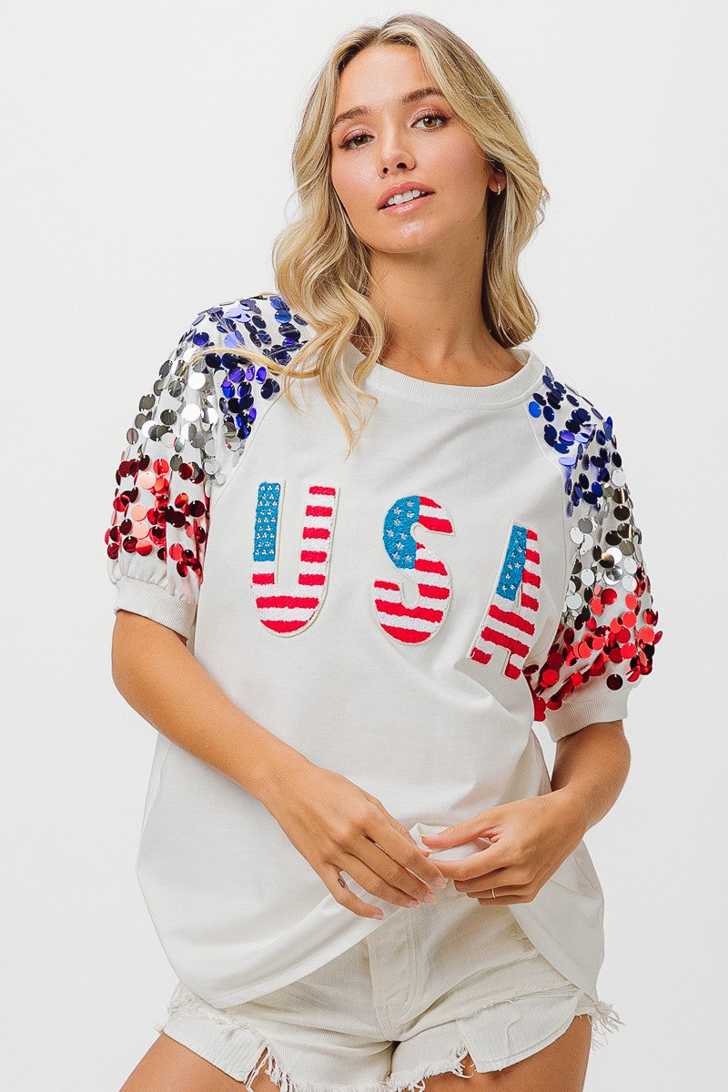 BiBi American Flag Theme Sequin Top Trendsi