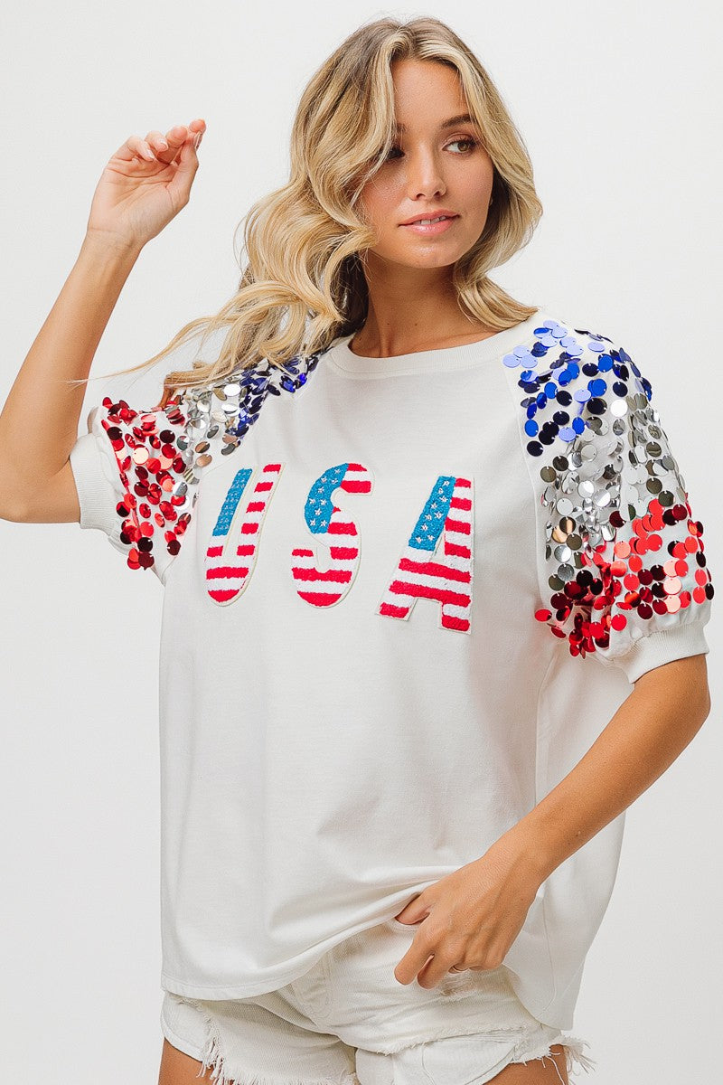 BiBi American Flag Theme Sequin Top Trendsi