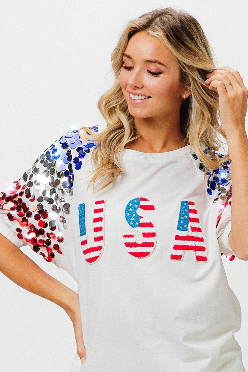 BiBi American Flag Theme Sequin Top Trendsi