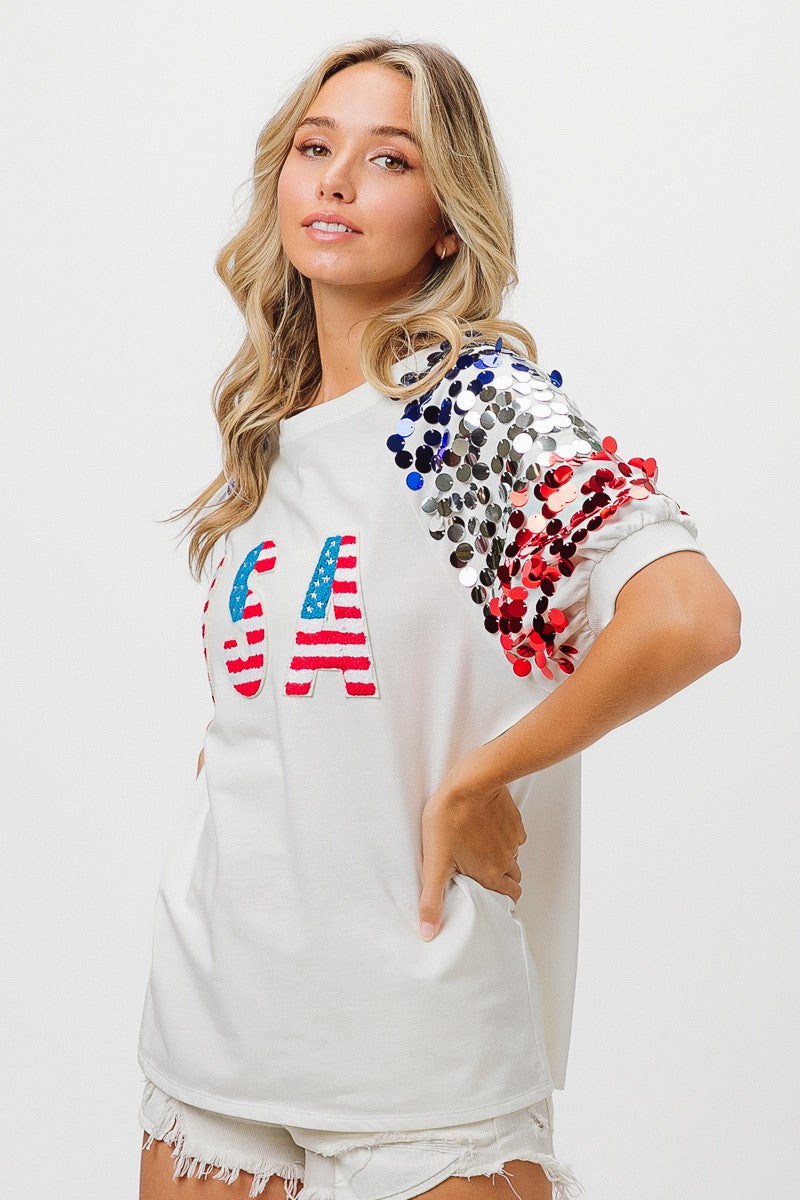 BiBi American Flag Theme Sequin Top Trendsi