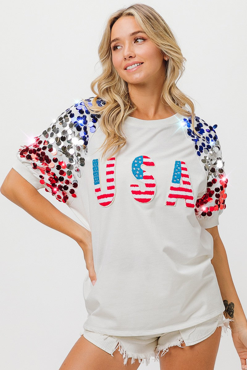 BiBi American Flag Theme Sequin Top Trendsi