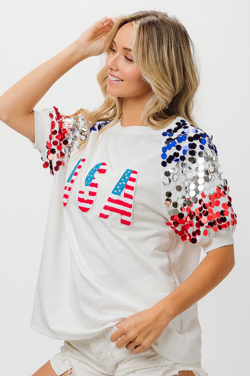 BiBi American Flag Theme Sequin Top Trendsi