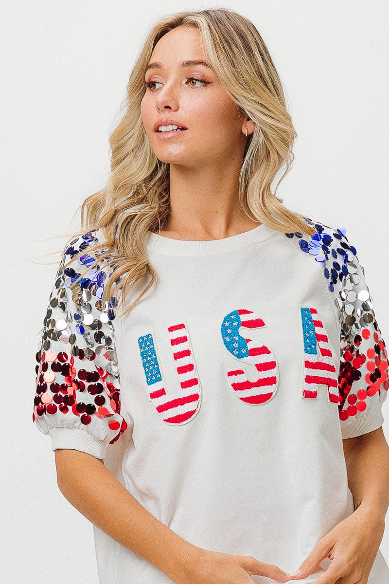 BiBi American Flag Theme Sequin Top Trendsi