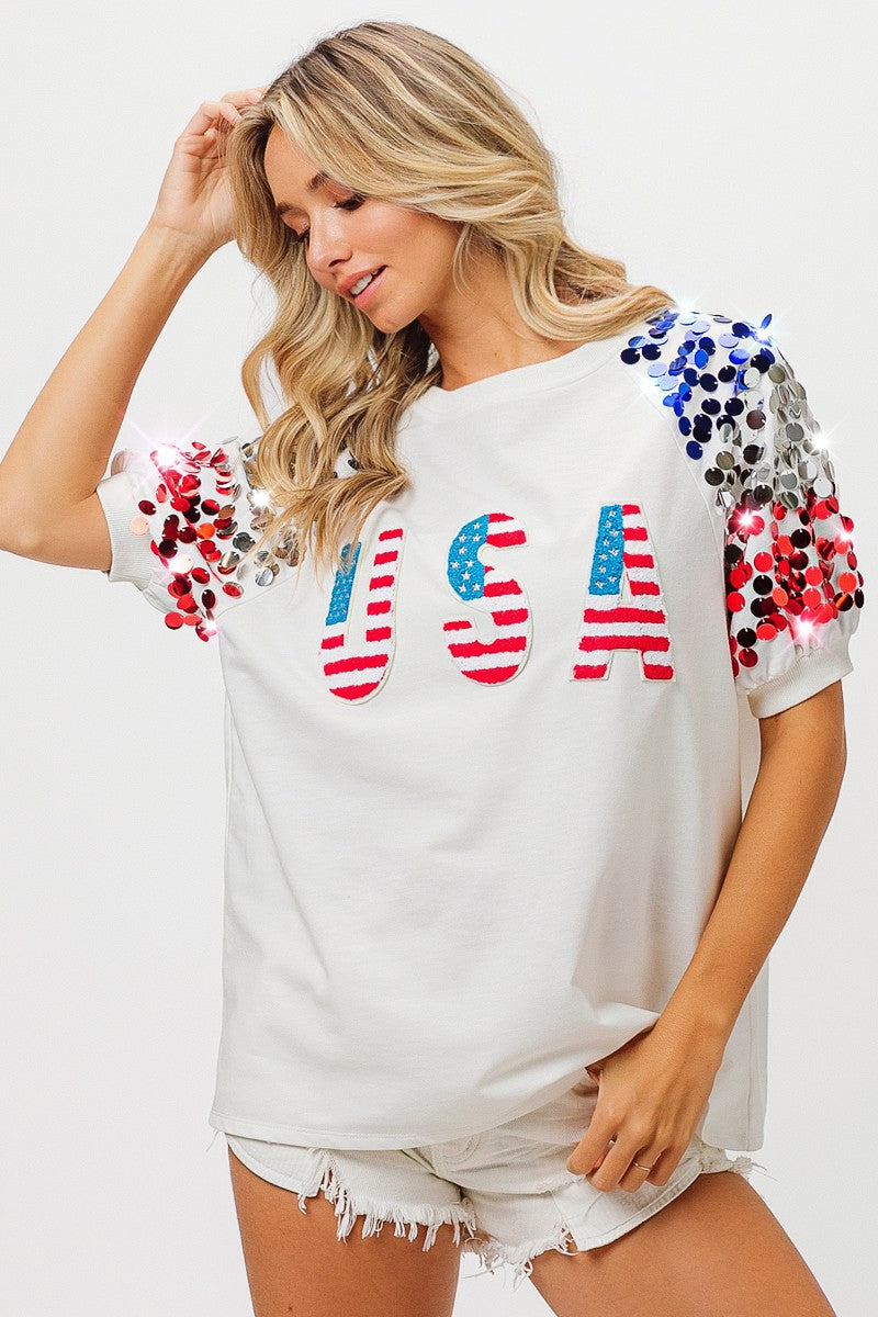 BiBi American Flag Theme Sequin Top Trendsi