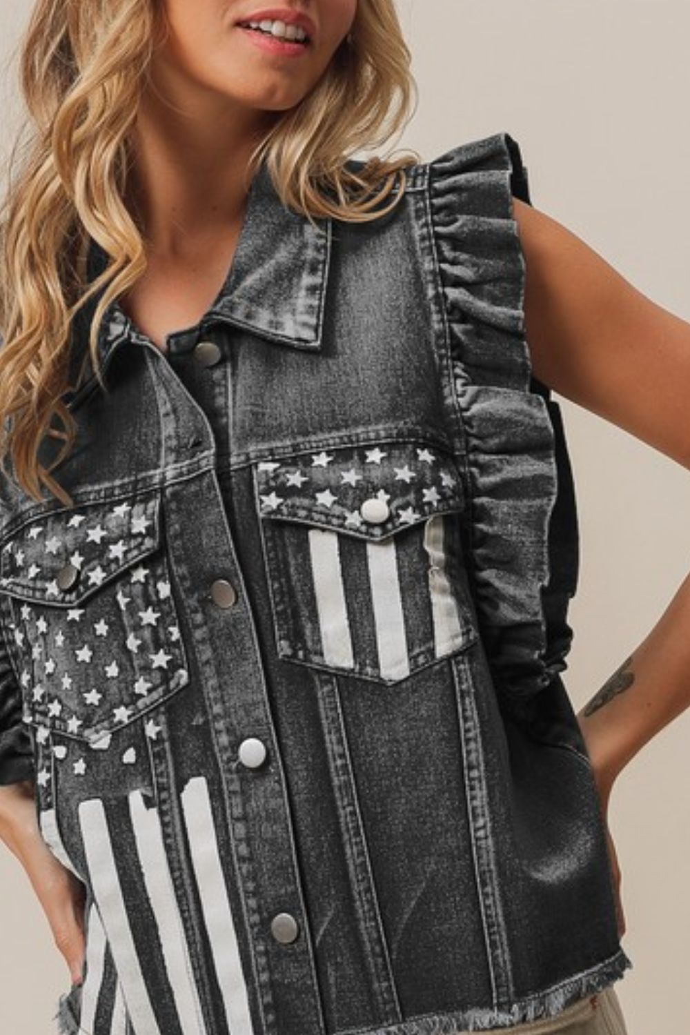 BiBi American Flag Washed Denim Jacket Vest Trendsi