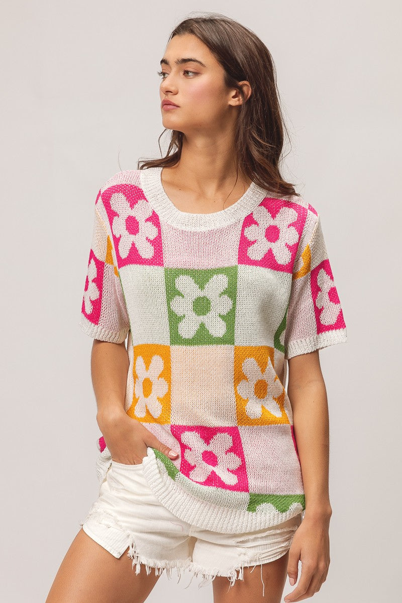 BiBi Flower Checker Pattern Lightweight Sweater Top Trendsi