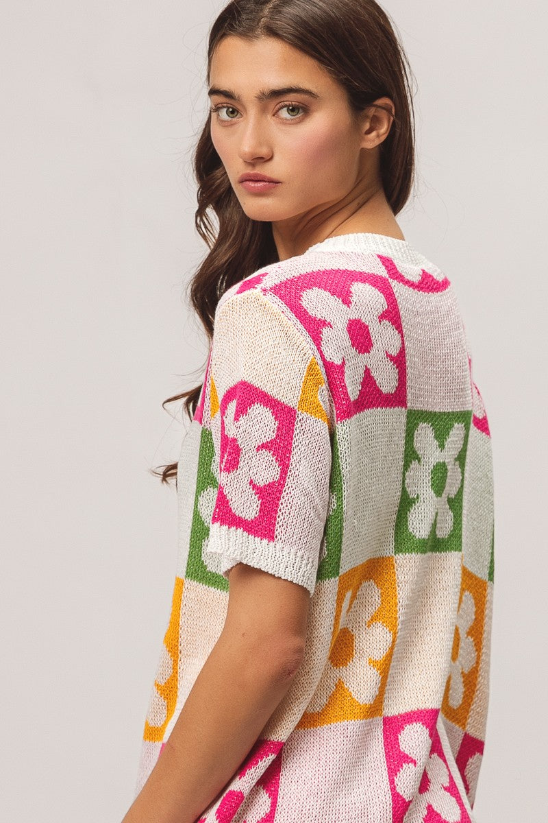 BiBi Flower Checker Pattern Lightweight Sweater Top Trendsi