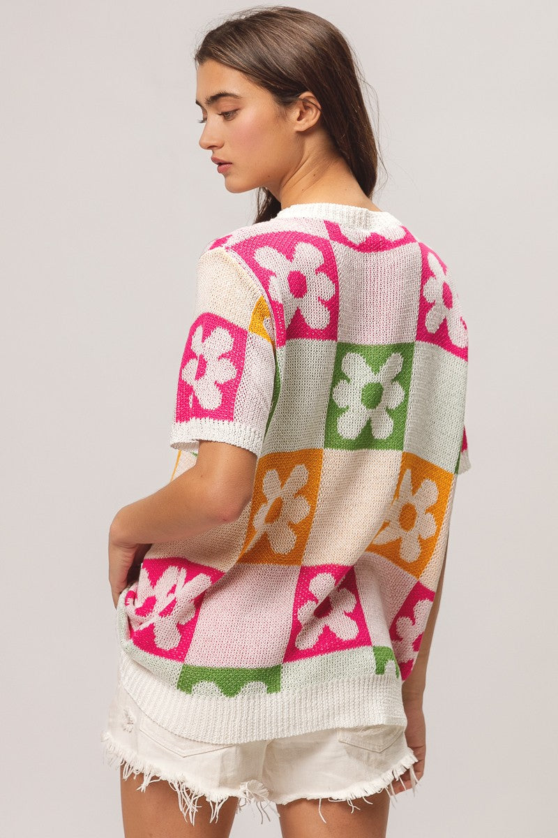BiBi Flower Checker Pattern Lightweight Sweater Top Trendsi