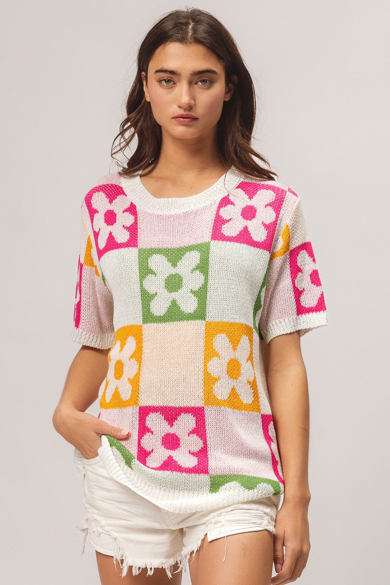 BiBi Flower Checker Pattern Lightweight Sweater Top Trendsi