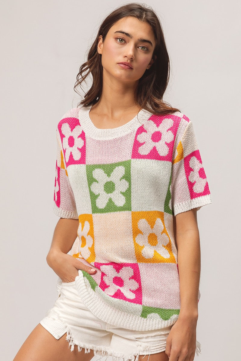BiBi Flower Checker Pattern Lightweight Sweater Top Trendsi