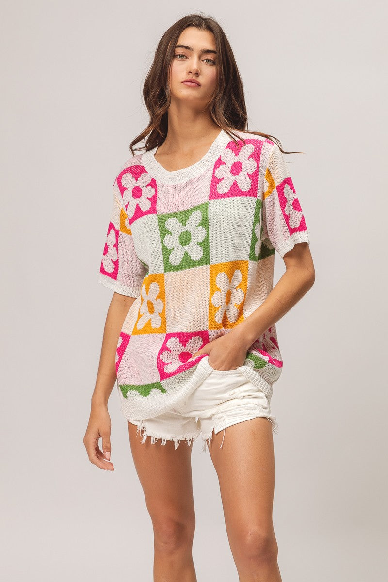 BiBi Flower Checker Pattern Lightweight Sweater Top Trendsi