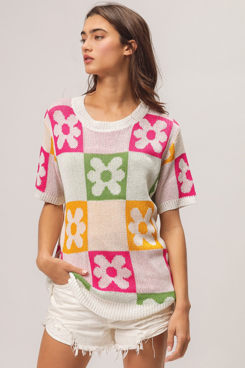 BiBi Flower Checker Pattern Lightweight Sweater Top Trendsi