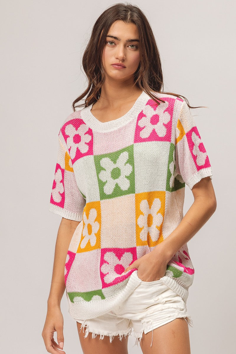 BiBi Flower Checker Pattern Lightweight Sweater Top Trendsi