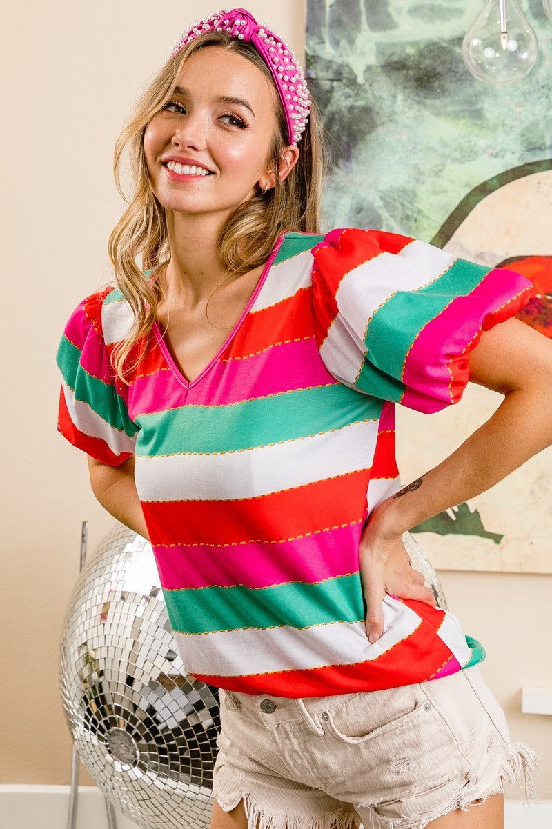 BiBi Multi Stripe Color Print Puff Sleeves V Neck Top DAME BOHEME