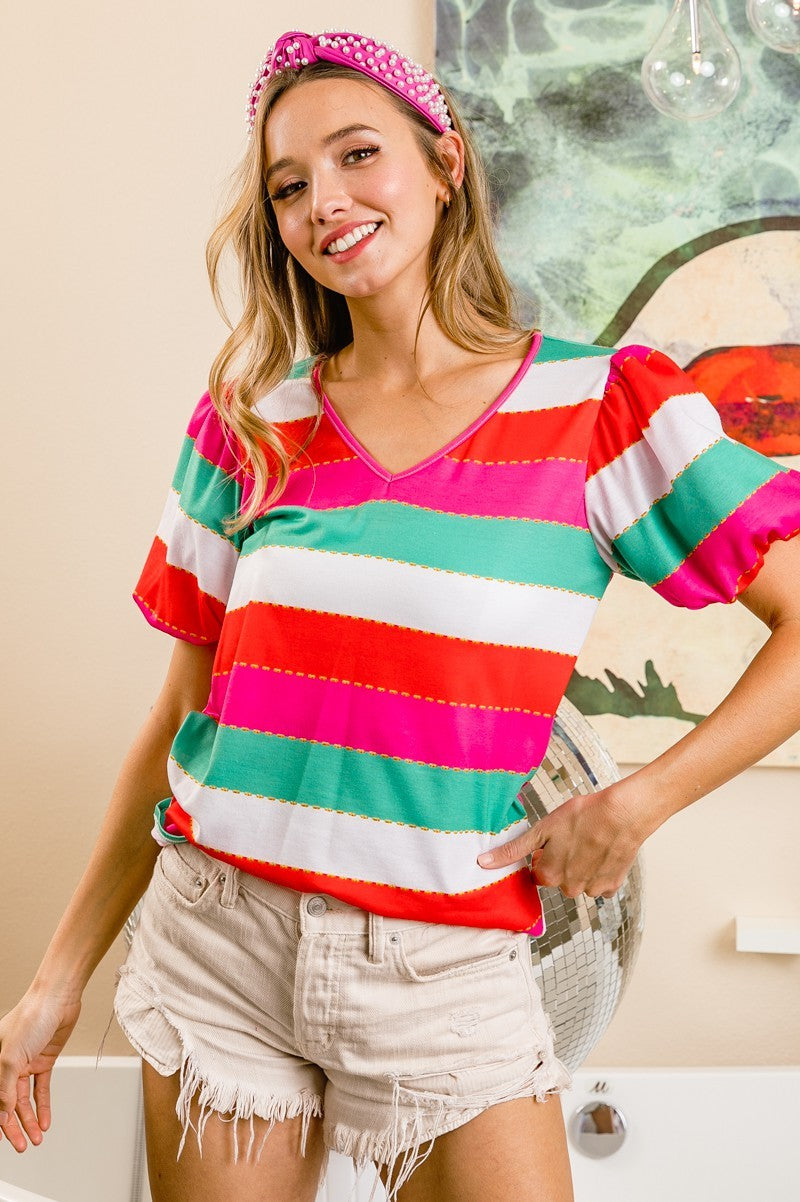 BiBi Multi Stripe Color Print Puff Sleeves V Neck Top DAME BOHEME