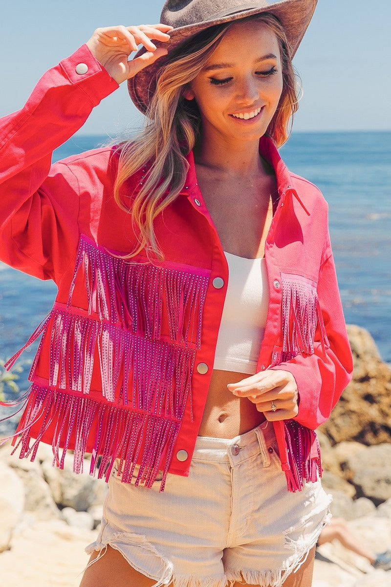 BiBi Rhinestone Fringe with Studded Collar Jacket - DAME BOHEME
