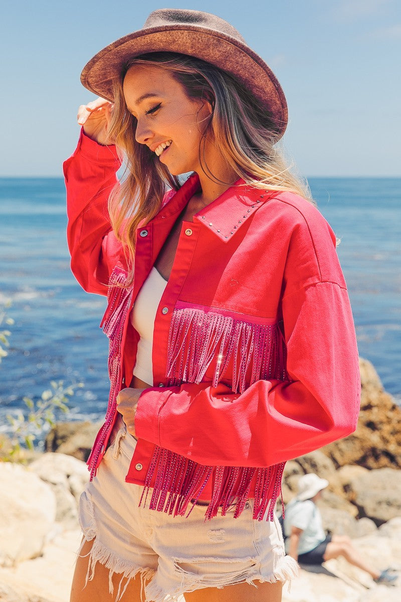 BiBi Rhinestone Fringe with Studded Collar Jacket - DAME BOHEME