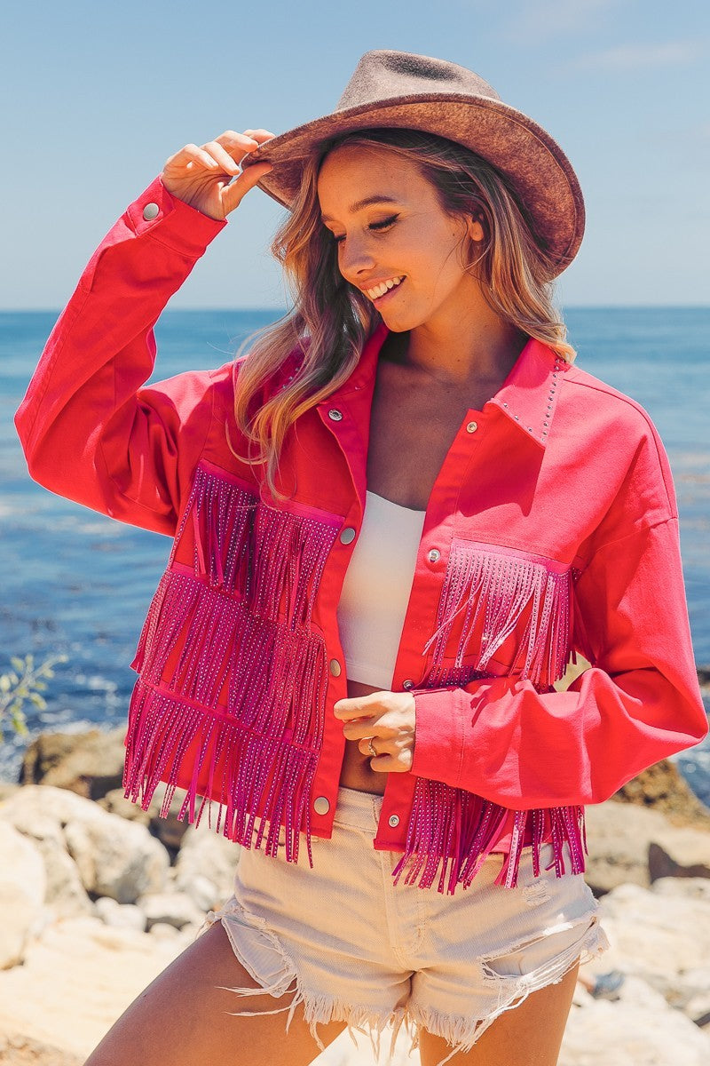 BiBi Rhinestone Fringe with Studded Collar Jacket - DAME BOHEME