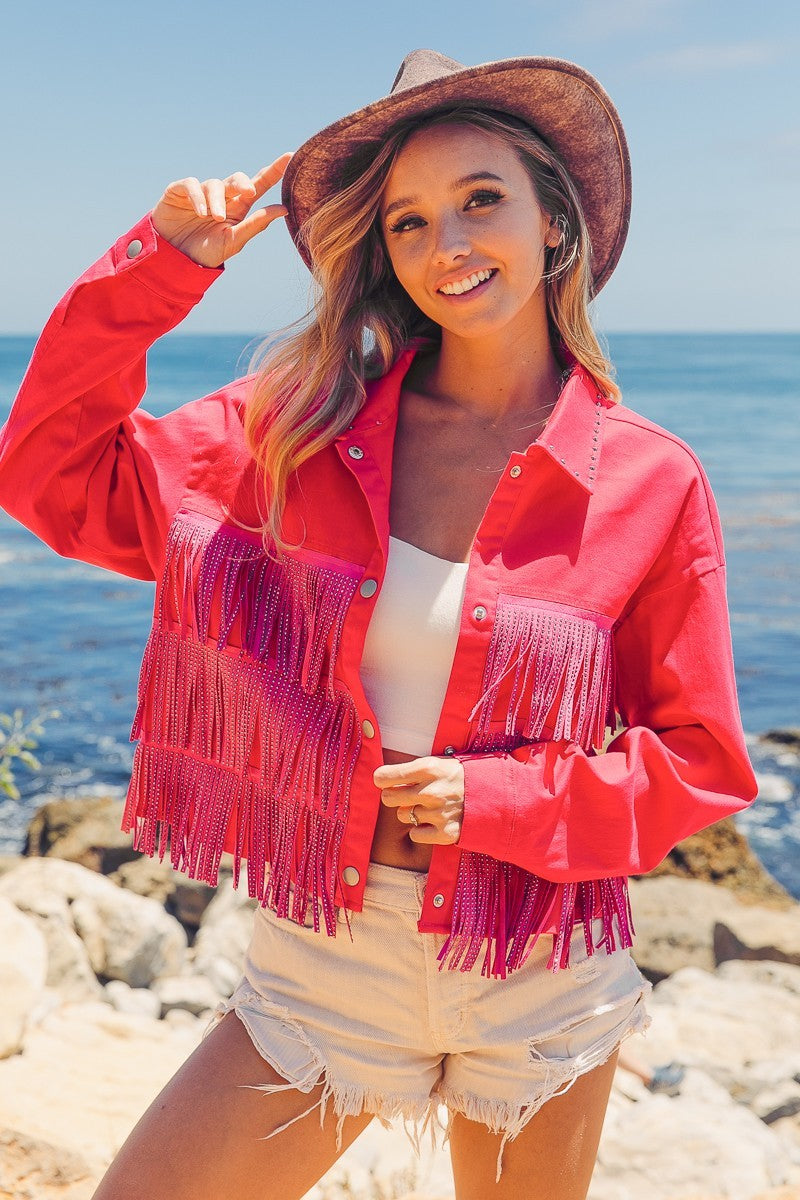 BiBi Rhinestone Fringe with Studded Collar Jacket - DAME BOHEME