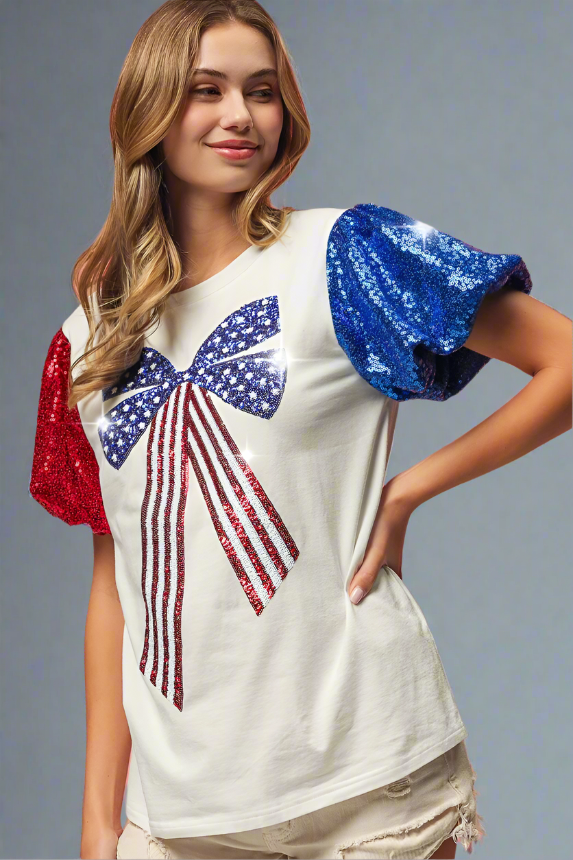 BiBi Sequin American Flag Bow Top Trendsi