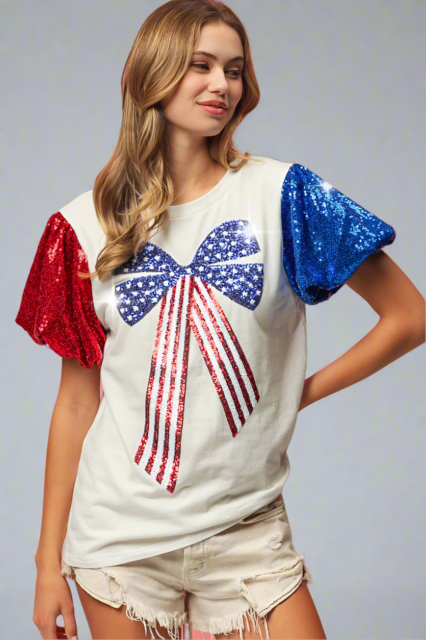 BiBi Sequin American Flag Bow Top Trendsi