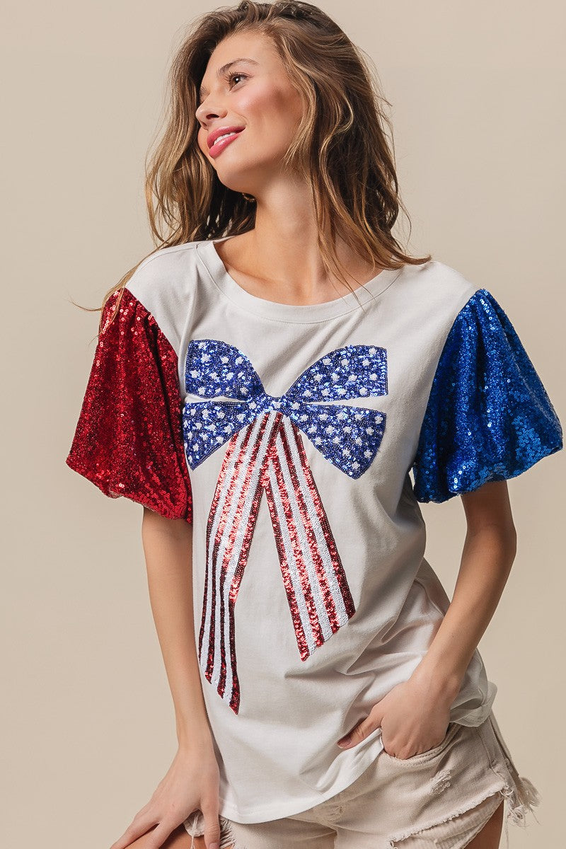 BiBi Sequin American Flag Bow Top Trendsi