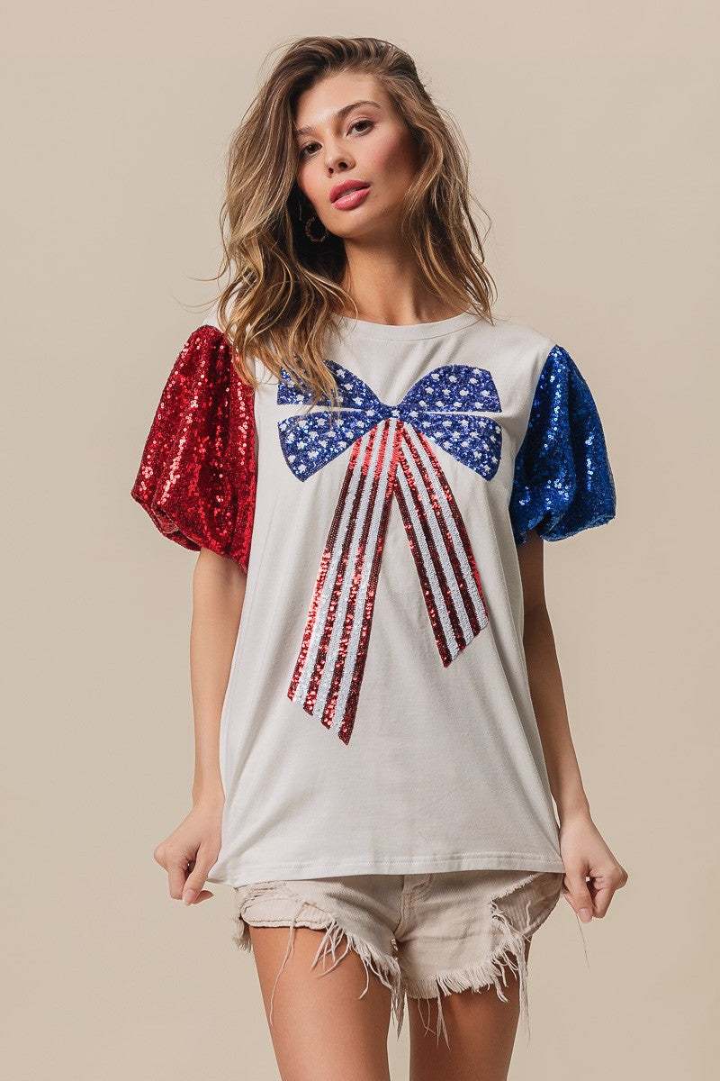 BiBi Sequin American Flag Bow Top Trendsi