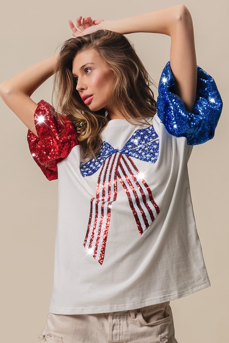 BiBi Sequin American Flag Bow Top Trendsi