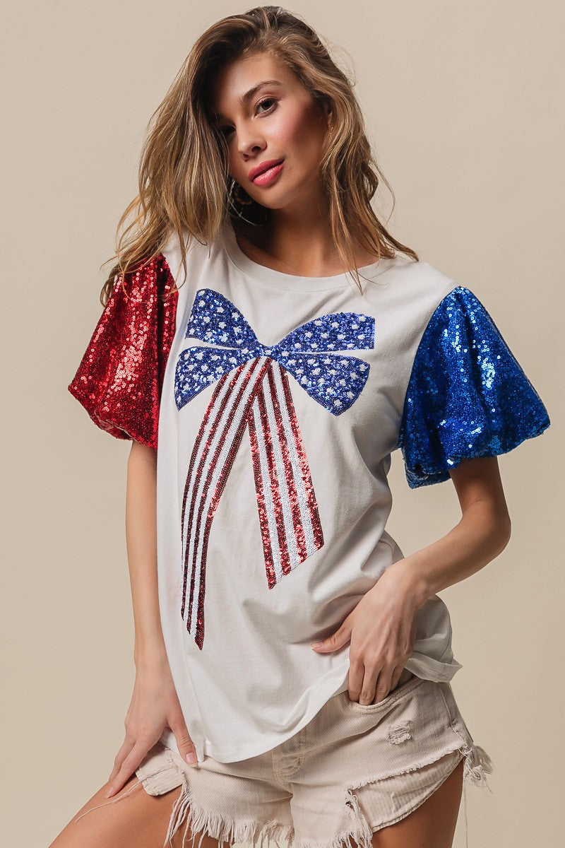 BiBi Sequin American Flag Bow Top Trendsi