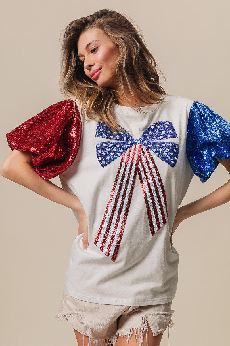 BiBi Sequin American Flag Bow Top Trendsi