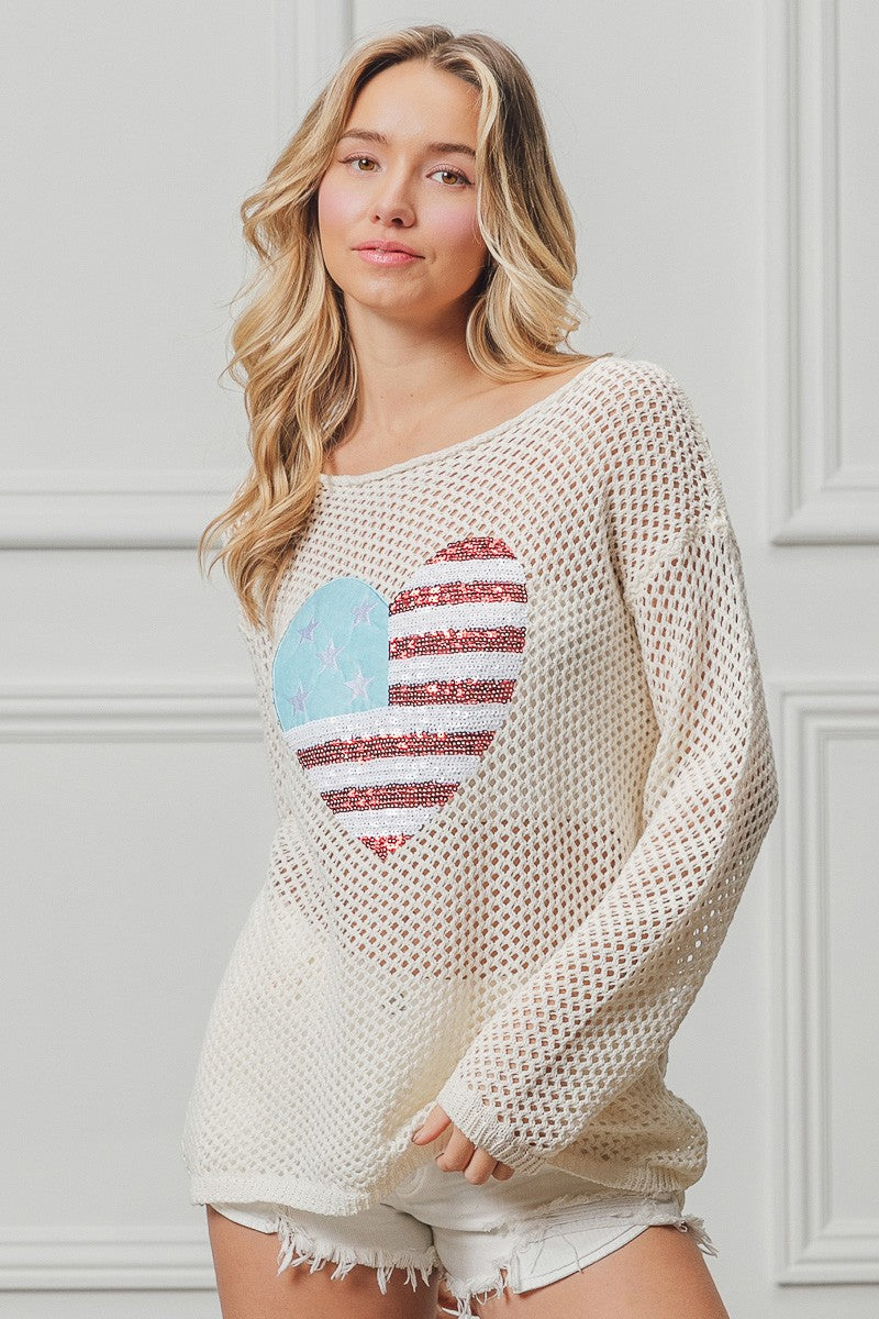 BiBi Sequin American Flag Heart Knit Up Trendsi