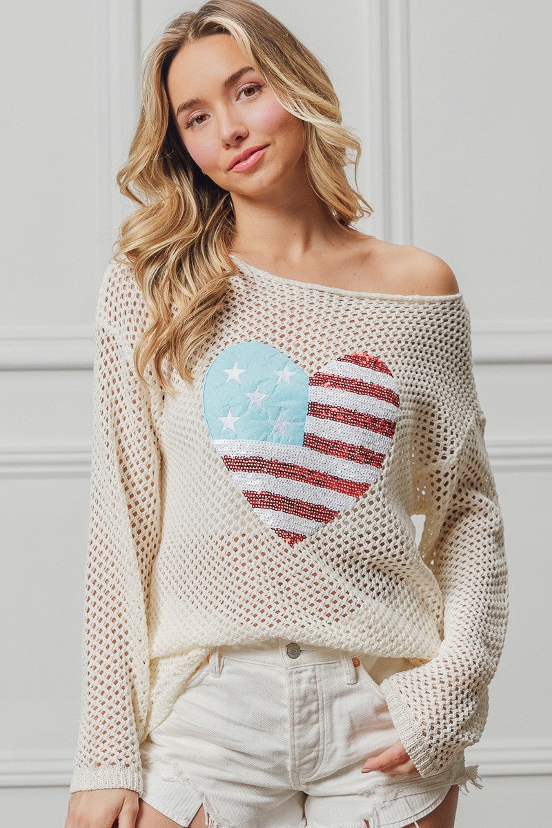 BiBi Sequin American Flag Heart Knit Up Trendsi