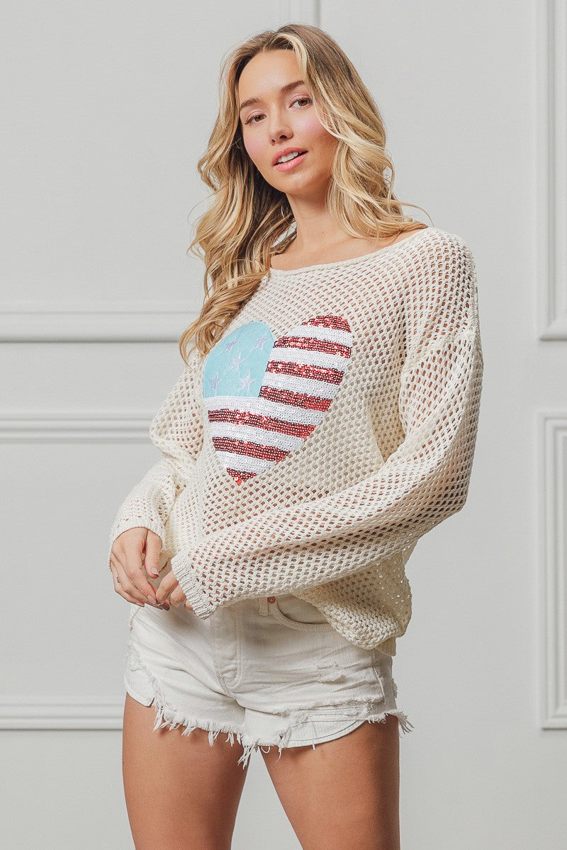BiBi Sequin American Flag Heart Knit Up Trendsi