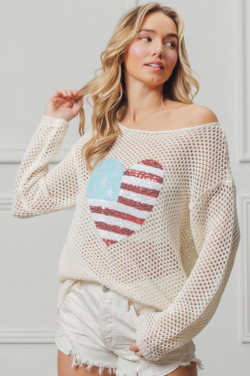 BiBi Sequin American Flag Heart Knit Up Trendsi