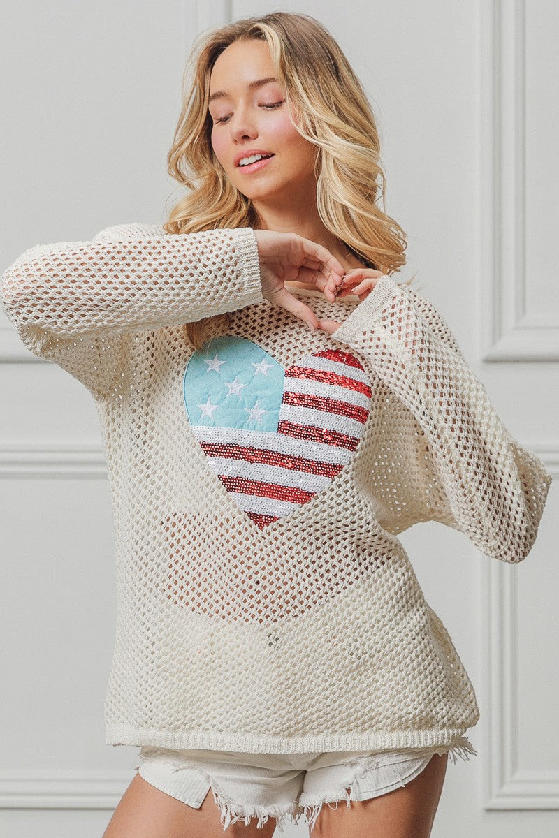 BiBi Sequin American Flag Heart Knit Up Trendsi