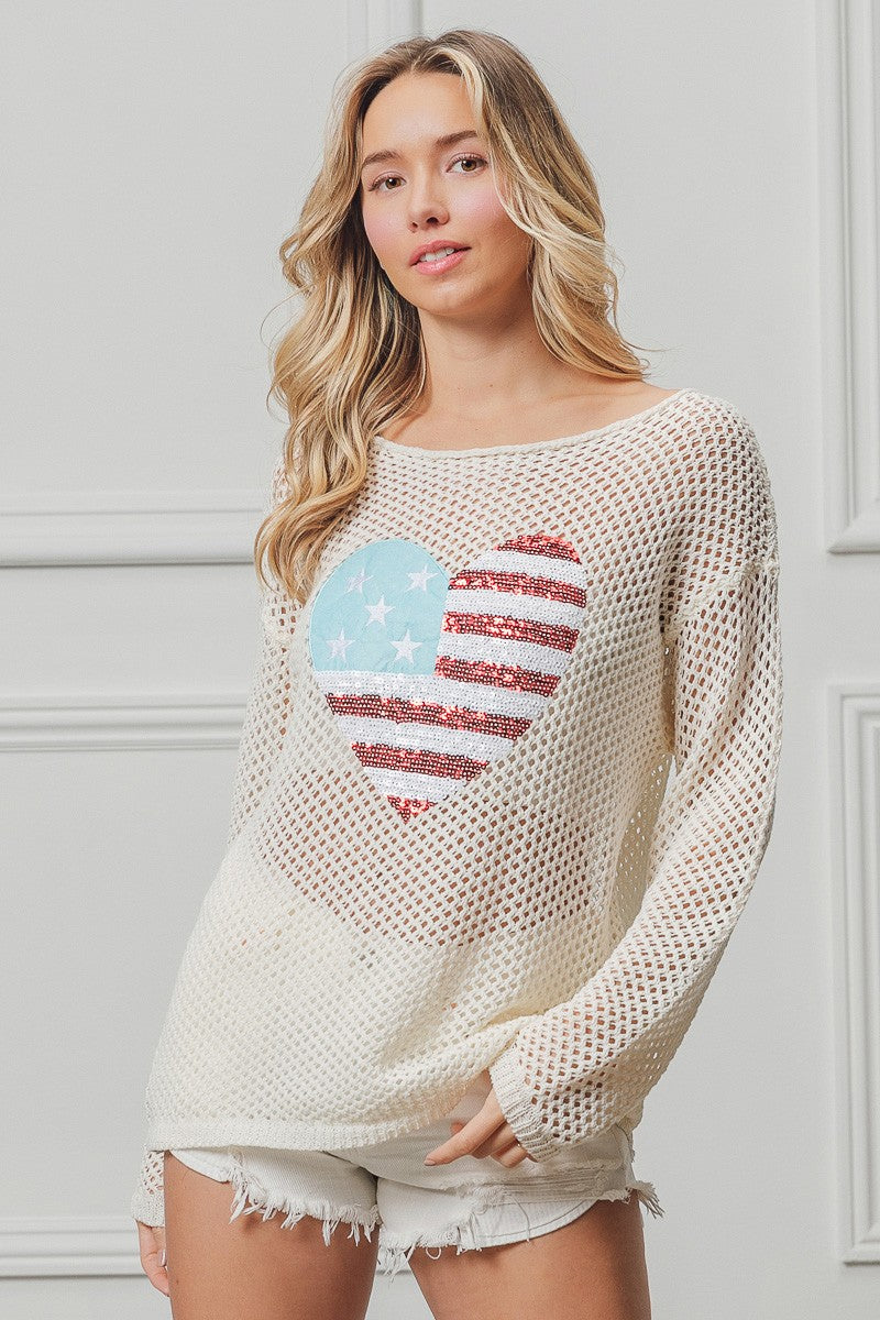 BiBi Sequin American Flag Heart Knit Up Trendsi