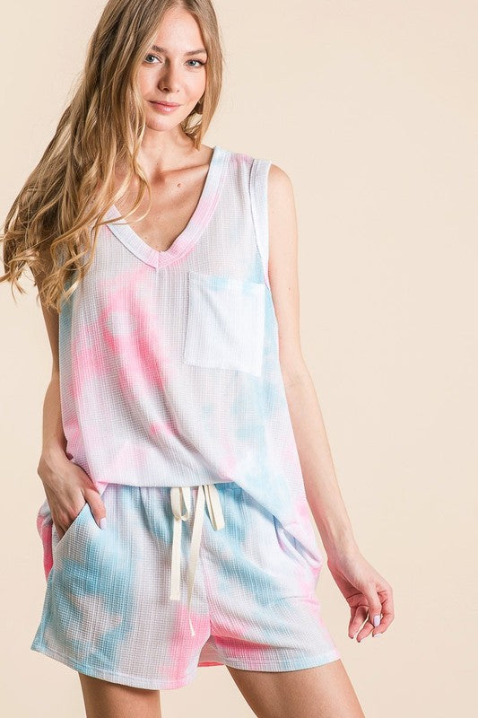 BiBi Tie Dye Textured Knit Top and Shorts Set Trendsi