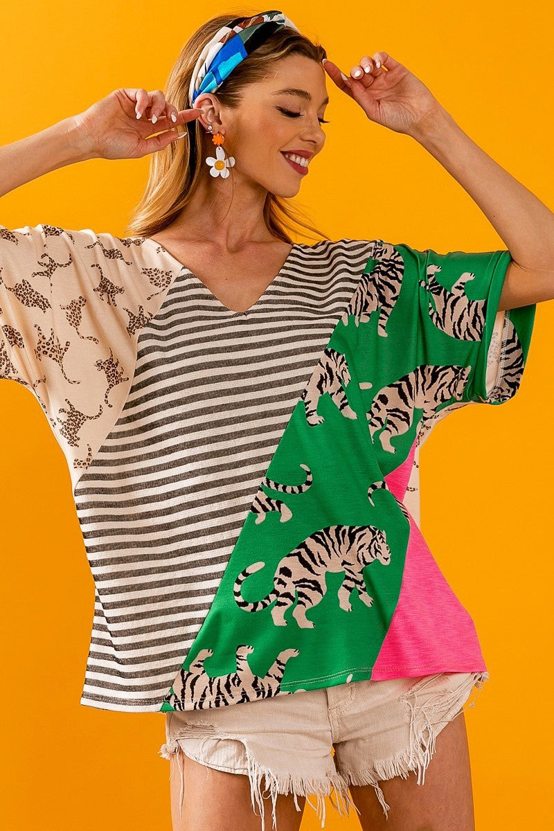 BiBi Tiger W Stripe Contrast Color Block V Neck Top DAME BOHEME