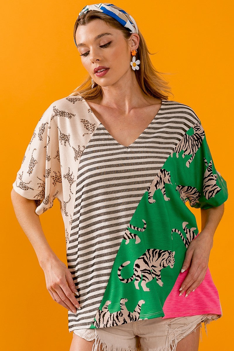 BiBi Tiger W Stripe Contrast Color Block V Neck Top DAME BOHEME